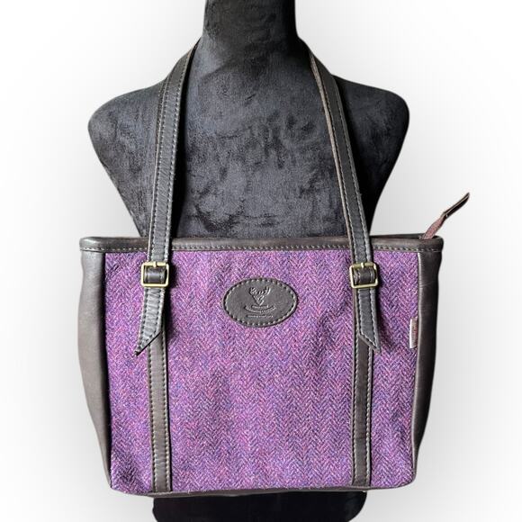 Barrhead Leather Brown Dearskin Aisling Medium Sized Bag w/ Purple Harris Tweed - Picture 16 of 16